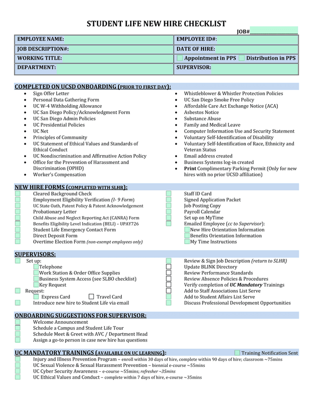 Student Life New Hire Checklist screenshot
