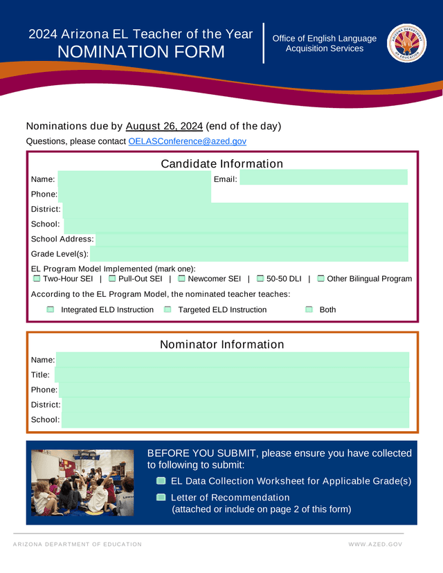 2024 Arizona EL Teacher Of The Year Nomination Form screenshot