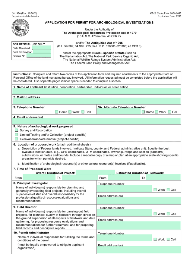 APPLICATION FOR PERMIT FOR ARCHEOLOGICAL INVESTIGATIONS screenshot