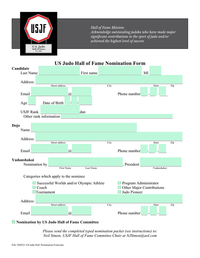 US Judo Hall Of Fame Nomination Form screenshot