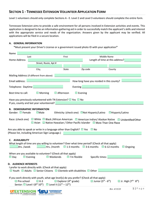 Tennessee Extension Volunteer Application Form screenshot