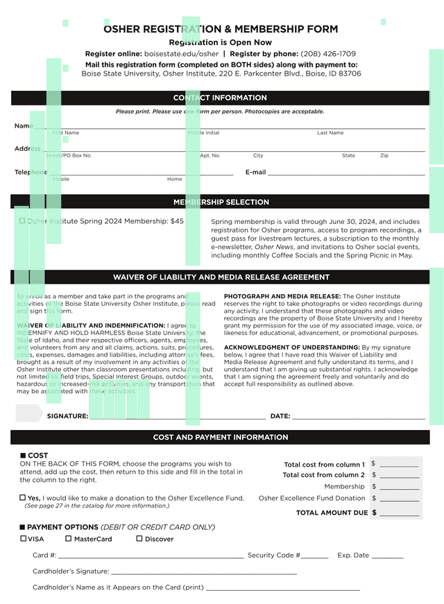 OSHER REGISTRATION  MEMBERSHIP FORM screenshot