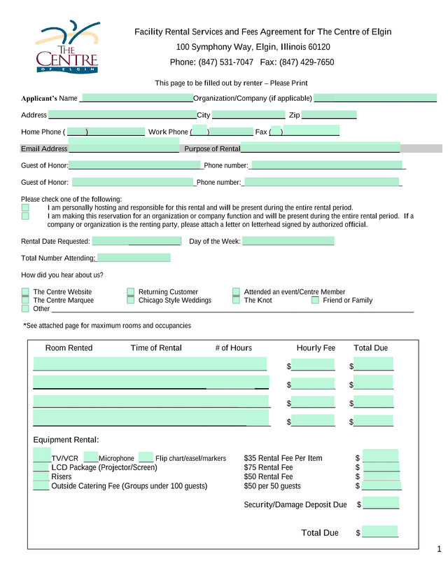 Facility Rental Services And Fees Agreement For The Centre Of Elgin screenshot