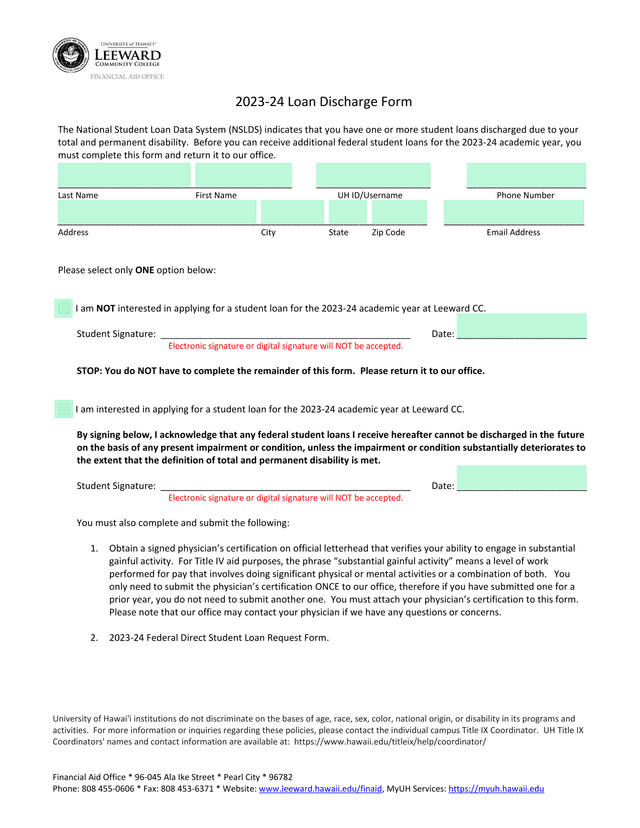 2023 24 Loan Discharge Form screenshot