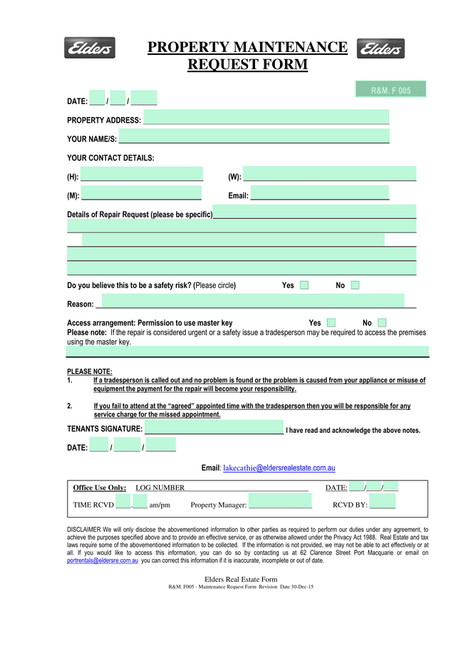 Property Maintenance Request Form screenshot