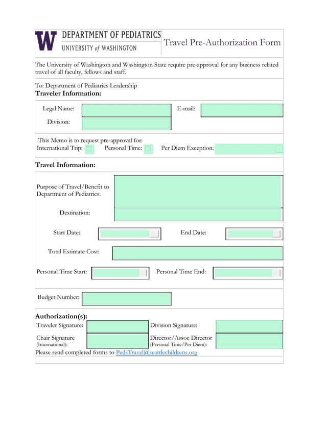 Travel Pre Authorization Form screenshot