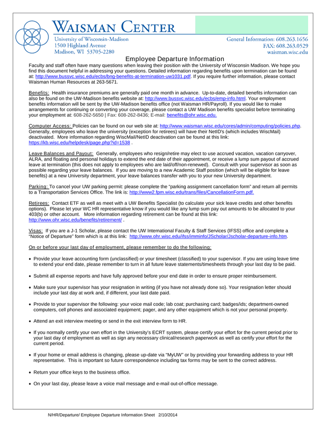 NHRDeparture Employee Departure Information Sheet screenshot
