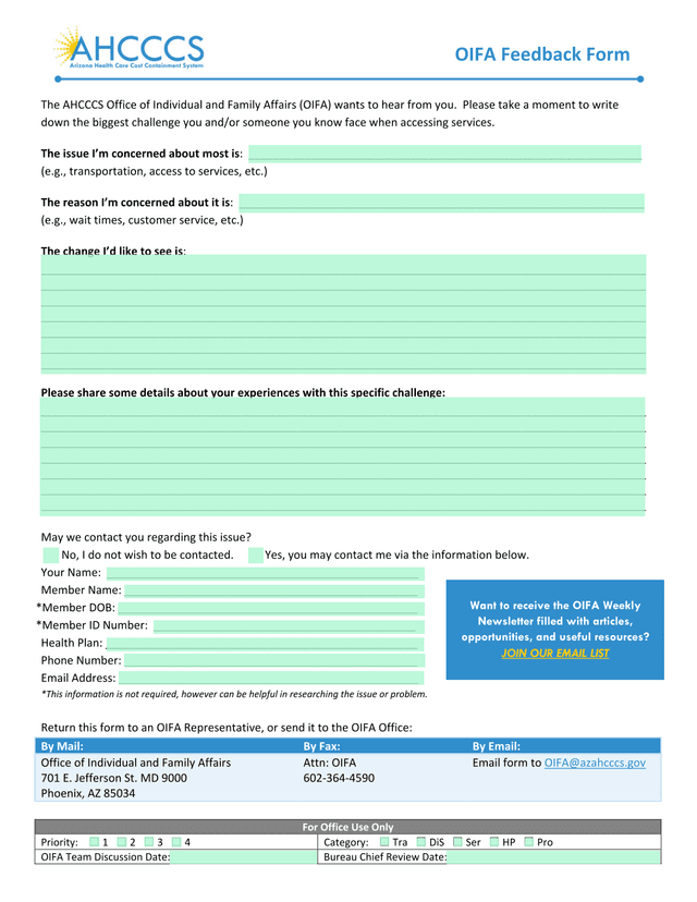OIFA Feedback Form screenshot