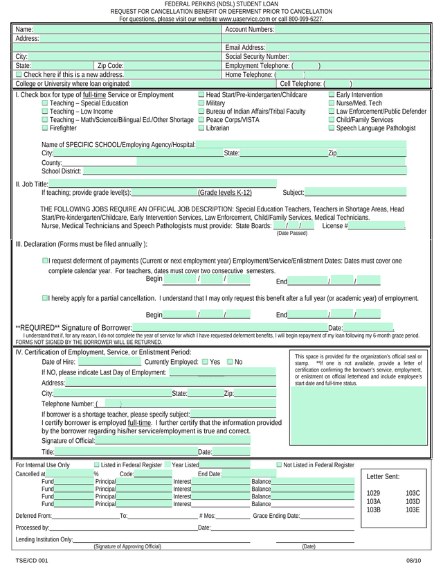 FEDERAL PERKINS (NDSL) STUDENT LOAN REQUEST FOR CANCELLATION BENEFIT OR DEFERMENT PRIOR TO CANCELLAT screenshot