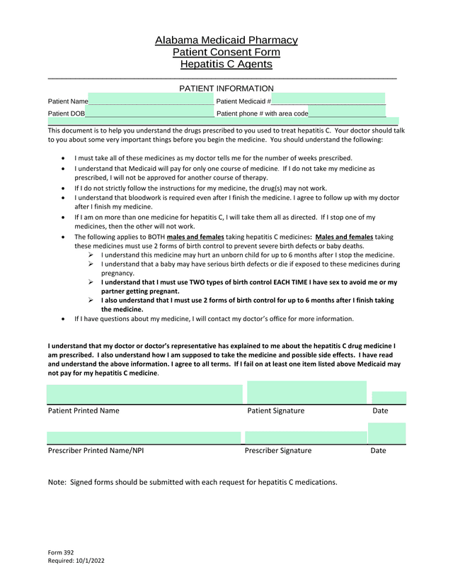 Form 392 Alabama Medicaid Pharmacy Patient Consent Form   Hepatitis C Agents screenshot