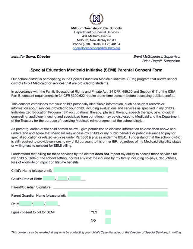 Special Education Medicaid Initiative (SEMI) Parental Consent Form screenshot