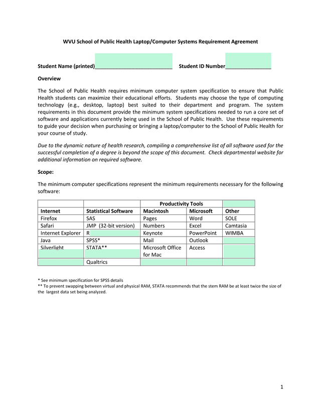 WVU School Of Public Health LaptopComputer Systems Requirement Agreement screenshot