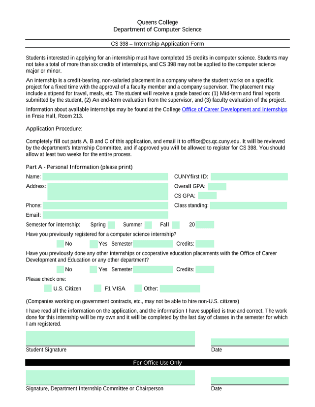 CS 398  Internship Application Form screenshot