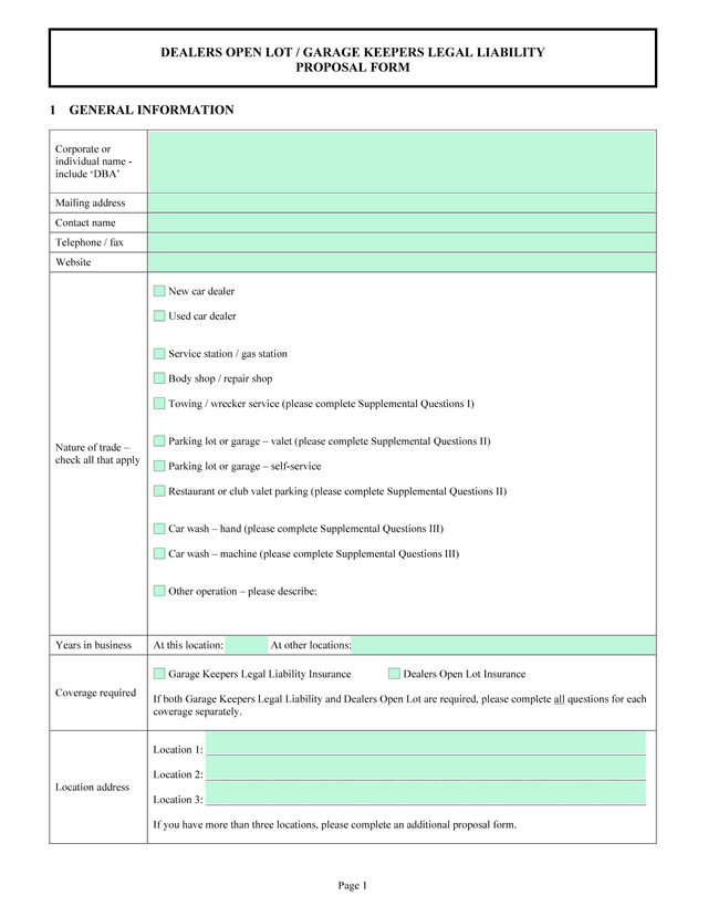 DEALERS OPEN LOT  GARAGE KEEPERS LEGAL LIABILITY PROPOSAL FORM screenshot