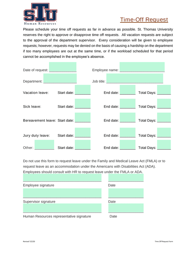 Time Off Request Form screenshot