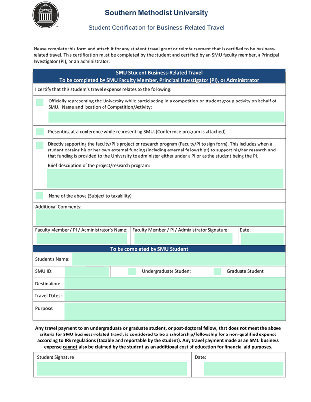 Student Certification For Business Related Travel screenshot
