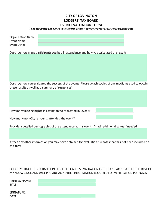LOVINGTON LODGERS TAX BOARD EVENT EVALUATION FORM screenshot