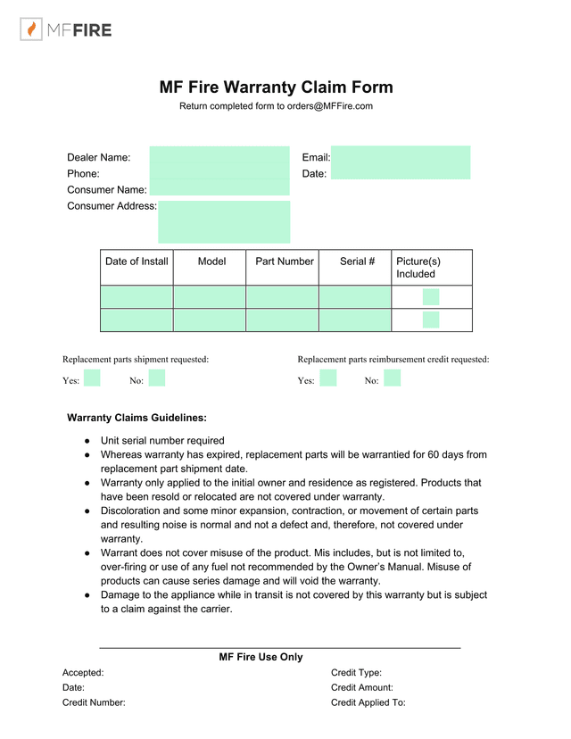 MF Fire Warranty Claim Form screenshot