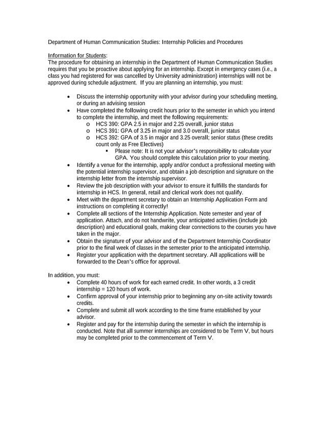 Department Of Human Communication Studies Internship Policies And Procedures screenshot