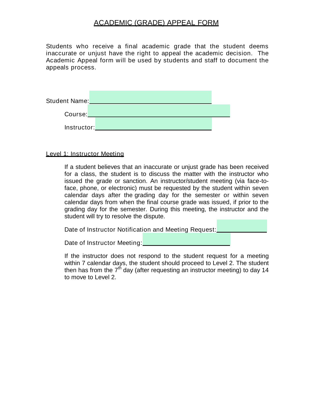 ACADEMIC (GRADE) APPEAL FORM screenshot
