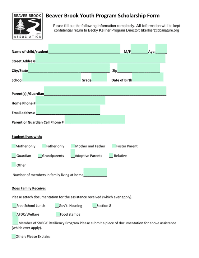 Beaver Brook Youth Program Scholarship Form screenshot