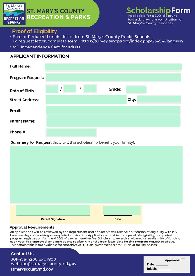 Recreation  Parks Scholarship Application screenshot