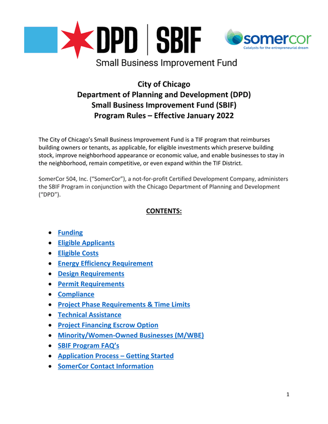 City Of Chicago Small Business Improvement Fund (SBIF) Program Rules screenshot