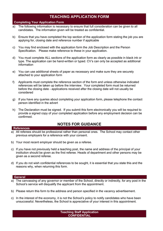 TEACHING APPLICATION FORM screenshot