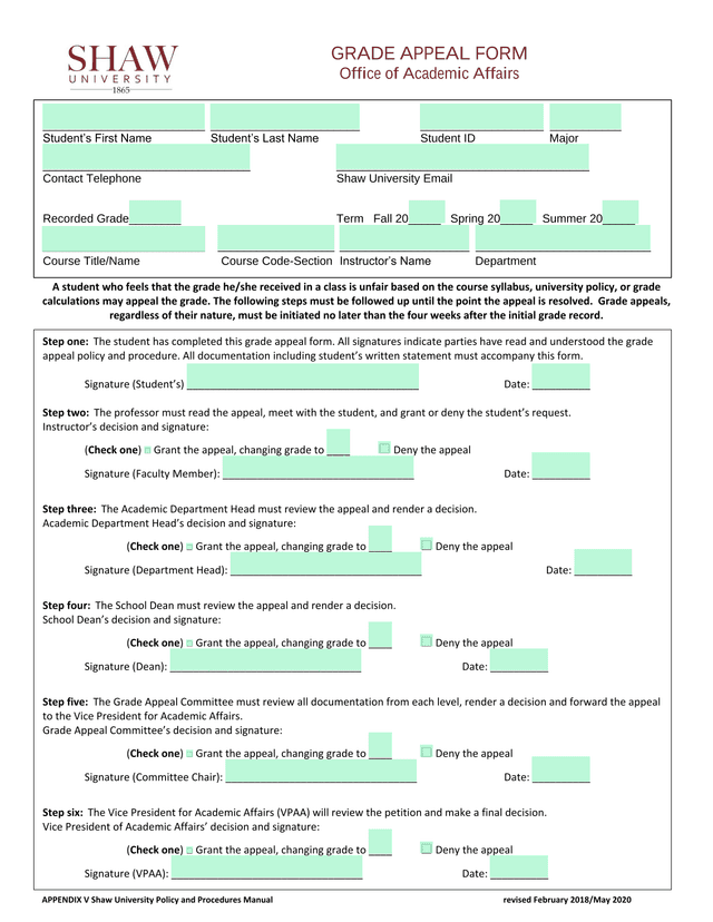 Grade Appeal Form screenshot