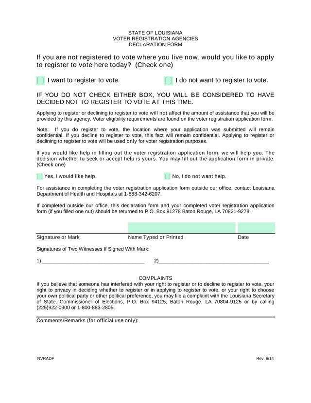 STATE OF LOUISIANA VOTER REGISTRATION AGENCIES DECLARATION FORM screenshot