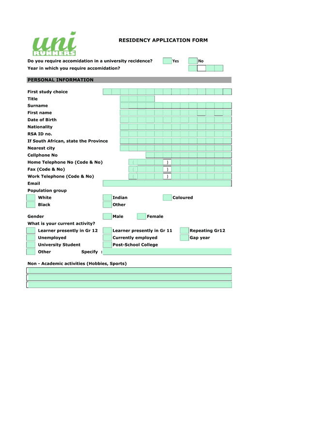 RESIDENCY APPLICATION FORM screenshot