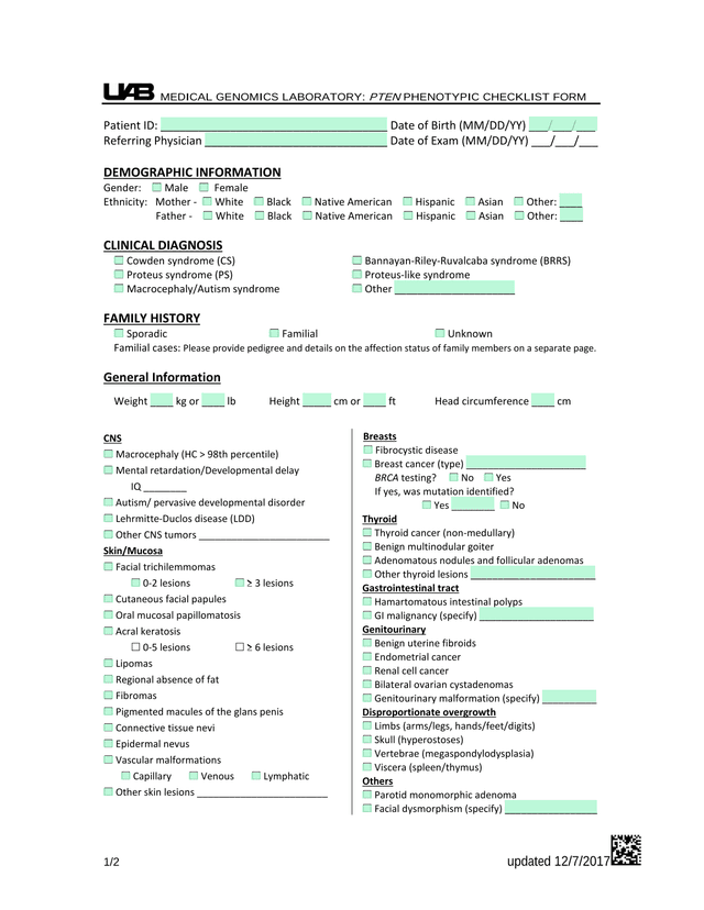 MEDICAL GENOMICS LABORATORY PTEN PHENOTYPIC CHECKLIST FORM screenshot