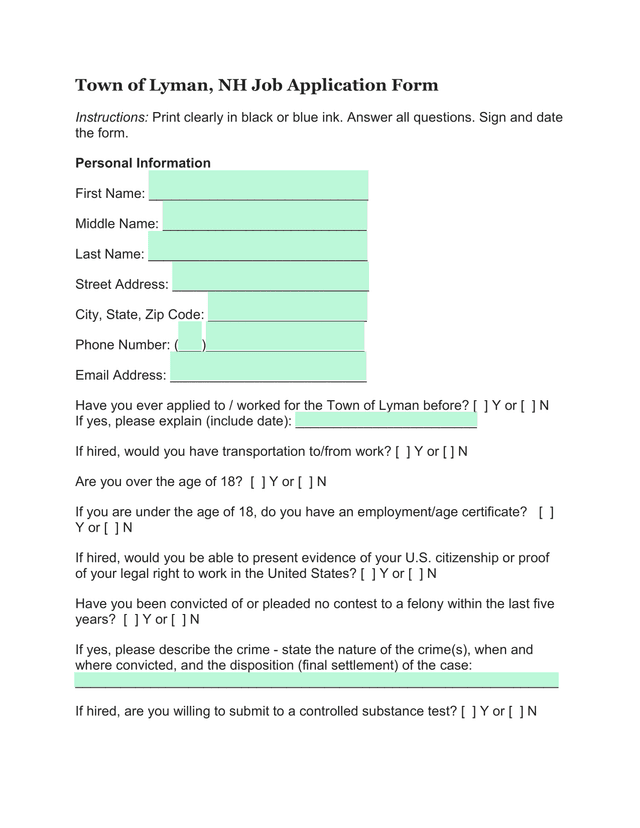 Town Of Lyman, NH Job Application Form screenshot