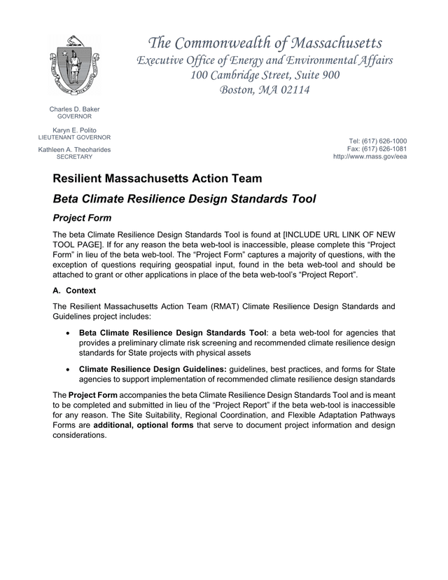 Resilient Massachusetts Action Team Beta Climate Resilience Design Standards Tool Project Form screenshot
