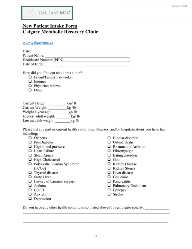 New Patient Intake Form screenshot