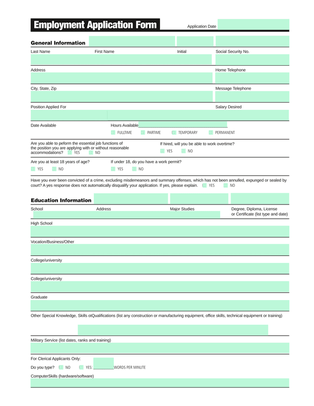 Employment Application Form screenshot