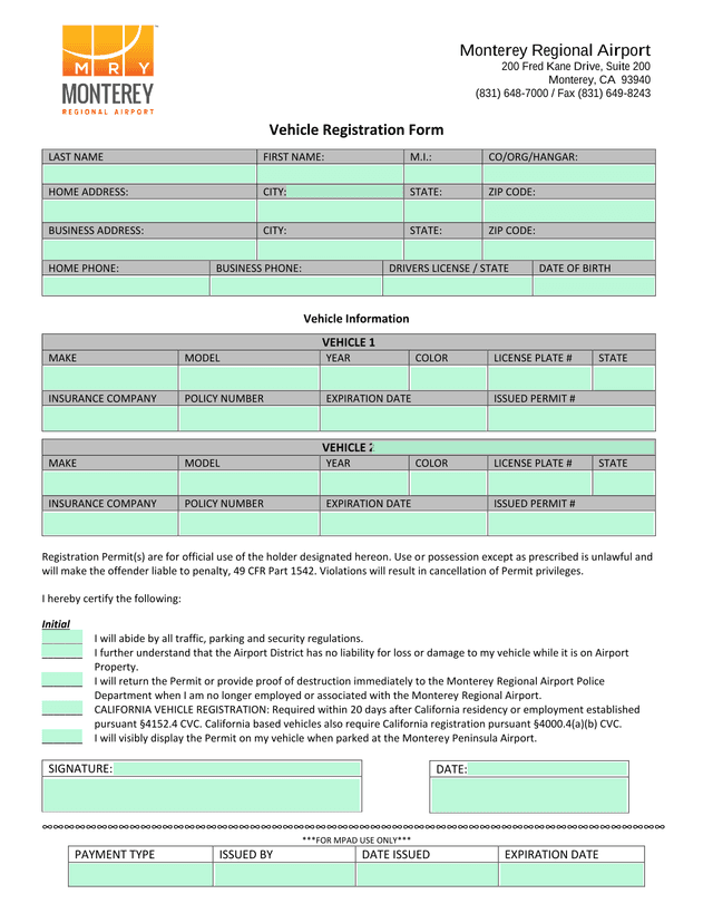 Vehicle Registration Form screenshot