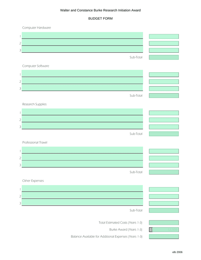 Walter And Constance Burke Research Initiation Award Budget Form screenshot