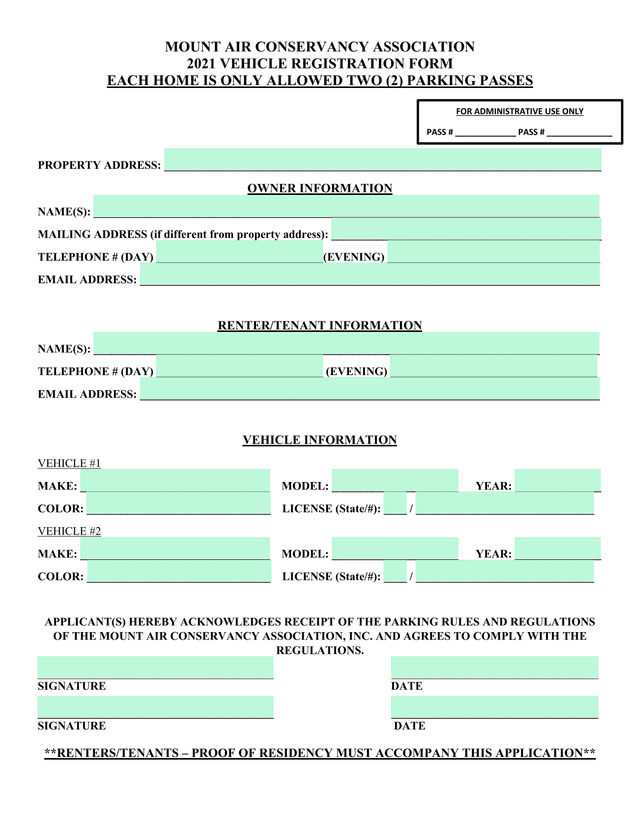 Mount Air Conservancy Association 2021 Vehicle Registration Form screenshot