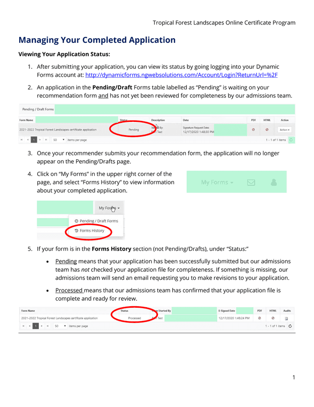 Tropical Forest Landscapes Online Certificate ProgramManaging Your Completed Application screenshot