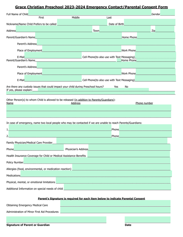 Grace Christian Preschool 2023 2024 Emergency ContactParental Consent Form screenshot