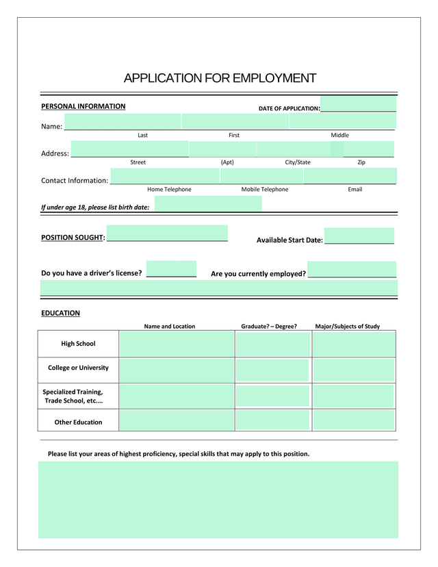 APPLICATION FOR EMPLOYMENT screenshot
