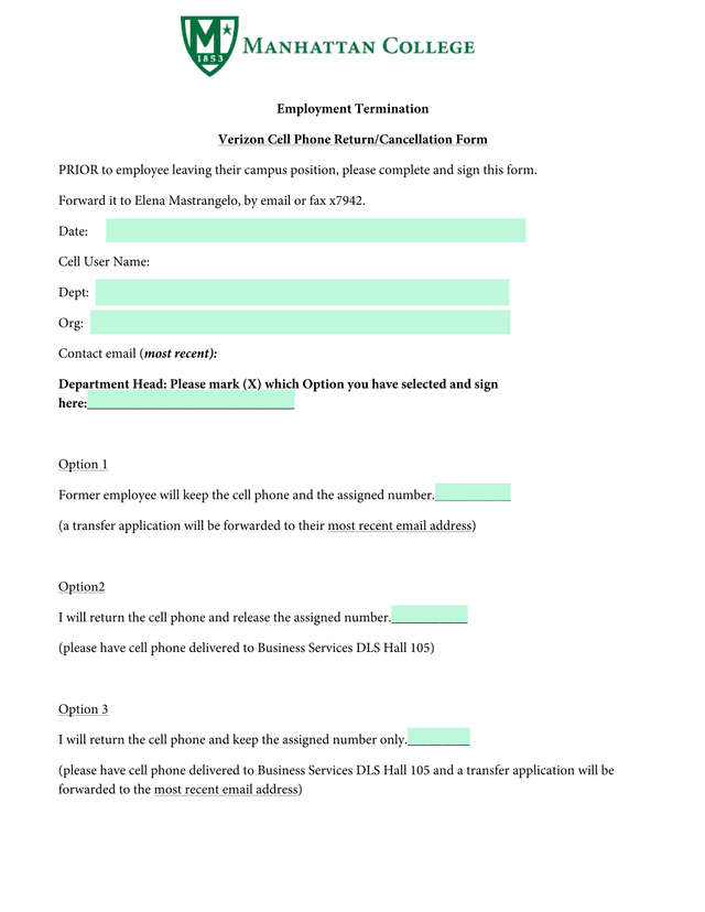 Verizon Cell Phone ReturnCancellation Form screenshot