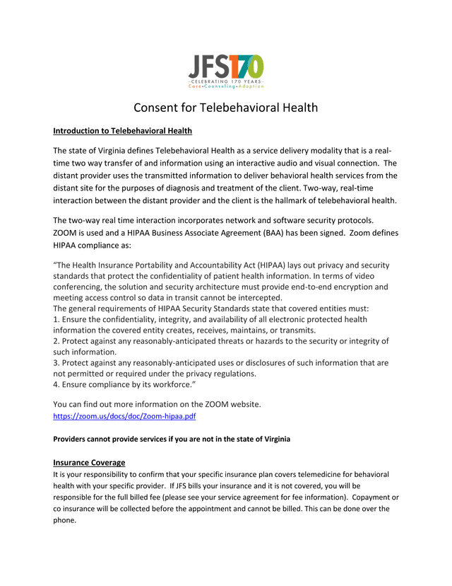 Consent For Telebehavioral Health screenshot