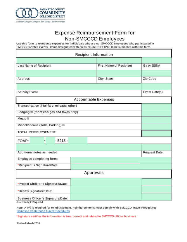 Expense Reimbursement Form For Non SMCCCD Employees screenshot