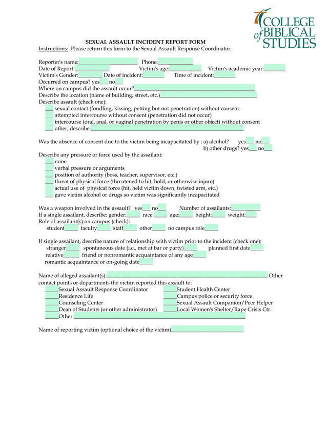 Sexual Assault Incident Report Form screenshot