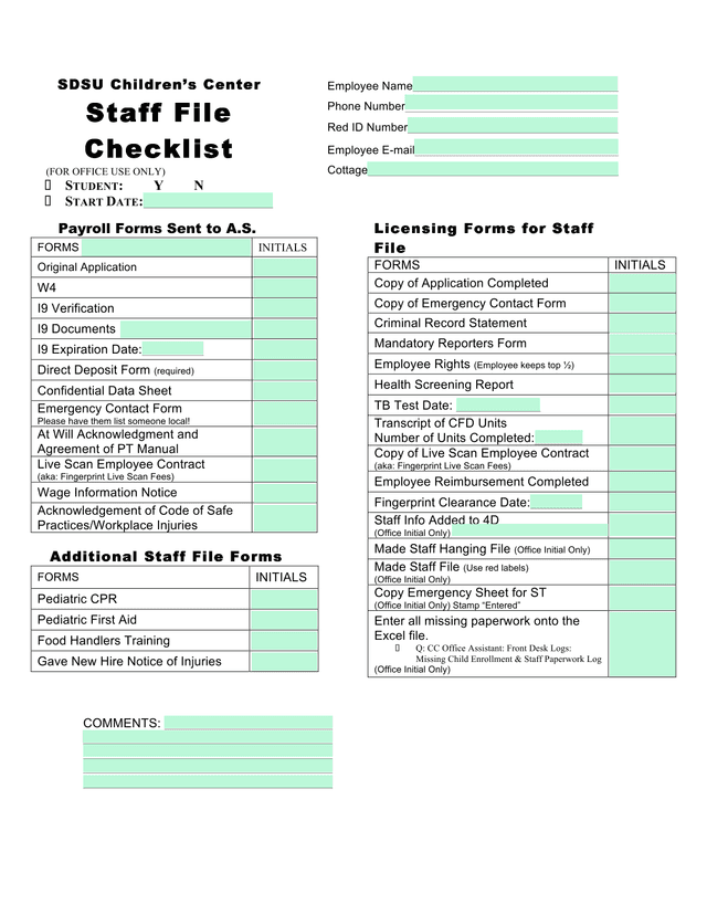 SDSU ChildrenS Center Staff File Checklist screenshot