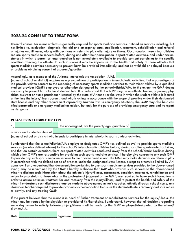 2023 24 CONSENT TO TREAT FORM screenshot