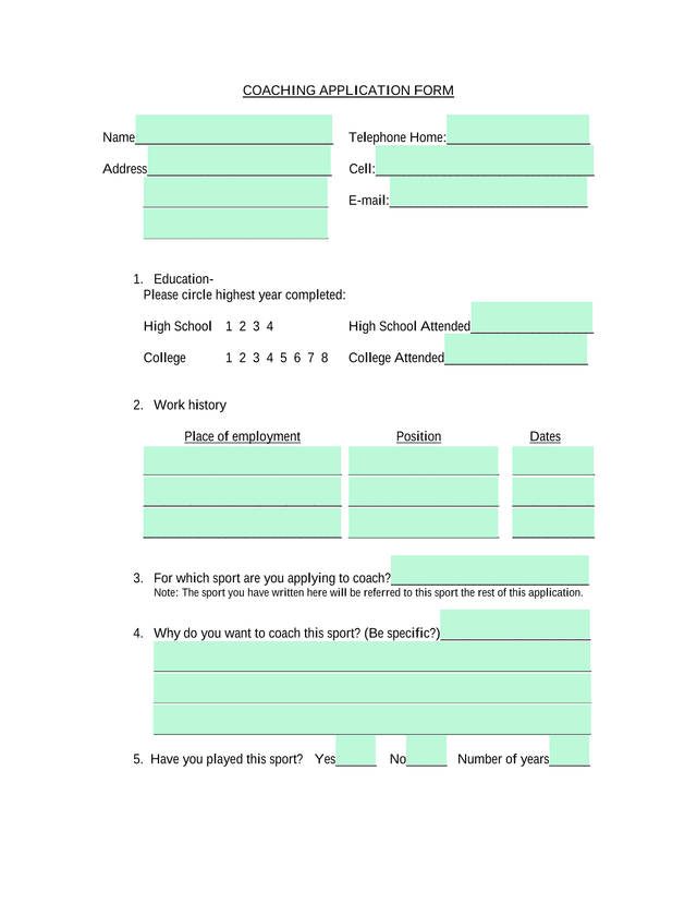COACHING APPLICATION FORM screenshot