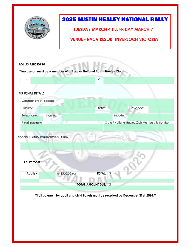 2025 Austin Healey National Rally Registration Form screenshot